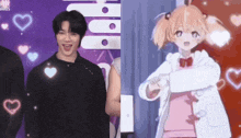 a man and a girl are standing next to each other with hearts surrounding them