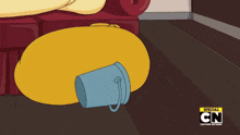 a cartoon character is laying on the floor holding a cup with cn written on the bottom right
