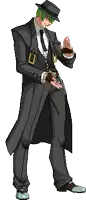 a pixel art drawing of a man in a suit and hat looking at his watch