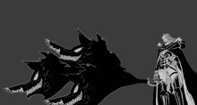 a black and white drawing of a man standing next to a large monster