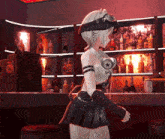 a girl wearing headphones and goggles is standing in front of a bar