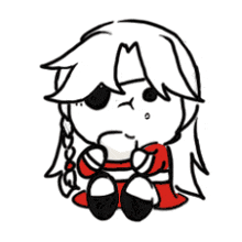 a black and white drawing of a girl with long white hair and a red dress .