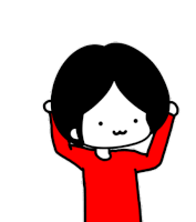 a cartoon character with black hair and a red shirt is raising his arms in the air