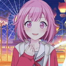 a girl with pink hair and pink eyes is smiling in front of a ferris wheel