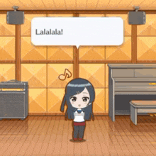 a girl in a room with a speech bubble that says lalala on it