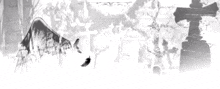 a black and white painting of a cross and mountains