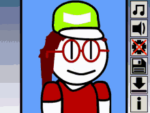 a cartoon character wearing glasses and a green hat with a white arrow on it