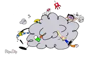a cartoon drawing of a cloud with the word pow written in red