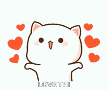 a cartoon cat is surrounded by hearts and says i love this .