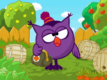 a cartoon owl holding a bag with a cross on it