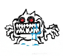 a black and white drawing of a monster with red eyes and a large mouth .