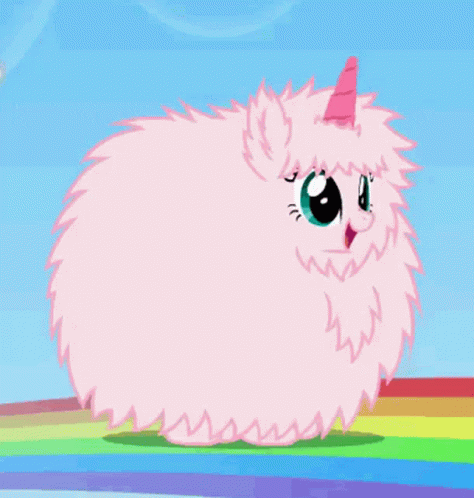 a pink fluffy unicorn with a pink horn is standing on a rainbow