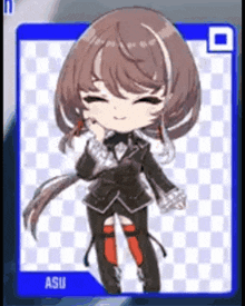 a little girl with brown hair is standing in front of a checkered background and smiling .