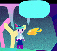 a cartoon of a boy and a fish with a blue speech bubble