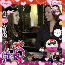 a picture of two women with the words i love girls on the bottom