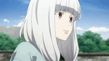 a girl with white hair and red eyes is looking at something