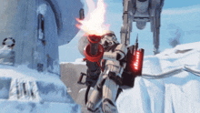 a storm trooper is holding a flamethrower in a video game scene