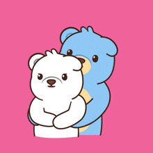 a blue teddy bear is standing next to a white teddy bear who is crying