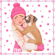 an illustration of a girl hugging a dog with hearts and stars in the background
