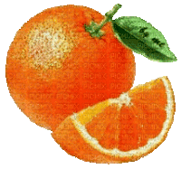 a picture of an orange with a leaf and a slice of orange