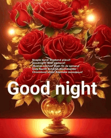 a picture of red roses in a gold vase with the words good night