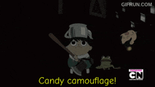 a cartoon of a boy holding an axe and the words candy camouflage below him