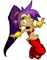 a pixel art drawing of a cartoon character with purple hair and red pants