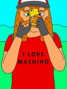a cartoon drawing of a person holding a cell phone with a picture of a boy on the screen