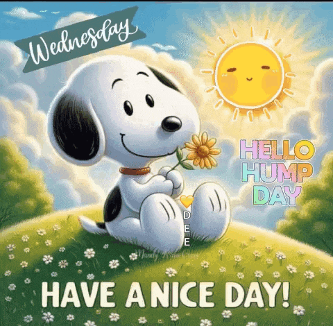snoopy is sitting on a hill holding a flower and says `` have a nice day ! ''