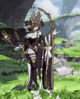 a video game character is standing in the grass holding a shield
