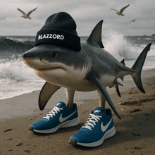 a shark wearing a beanie and nike shoes