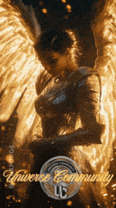 a poster of a woman with wings and the words universe community on the bottom