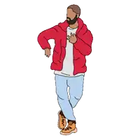 a cartoon drawing of a man wearing a red jacket and blue jeans