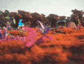 a blue bird is standing in a field of flowers and trees