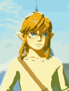 a cartoon character with glasses and a brown strap