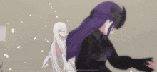 a girl with purple hair is standing next to a white girl