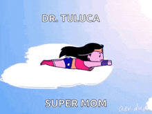 a cartoon of a woman in a wonder woman costume flying through the air .
