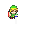 a pixel art of a link from the legend of zelda is flying through the air .