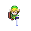 a pixel art of a link from the legend of zelda is flying through the air .