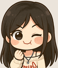 a cartoon drawing of a girl wearing a sweater that says pasod on it