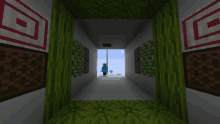 a person in a minecraft video game is standing in a hallway looking out a window