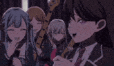 a girl with purple eyes is holding a guitar in front of a group of girls