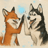 a fox and a husky are giving each other high fives