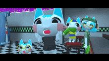 a group of cartoon cats are standing in a room with a sign that says music festival on it