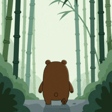 a brown bear is standing in a bamboo forest