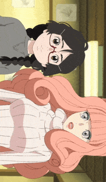 a girl with glasses is standing next to another girl with pink hair