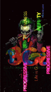 a poster of the joker holding a cane with the words " progress " and " newness " on it