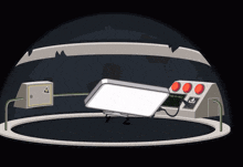 a cartoon drawing of a device with a warning sign on the side