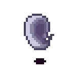 a pixel art illustration of a purple coin with a black arrow pointing down .