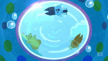 a cartoon of frogs swimming in a pool with the letters abc on the bottom right